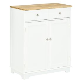 Kitchen Storage Cabinet, Sideboard Floor Cupboard With Solid Wood Top, Adjustable Shelf & 2 Drawers For Living Room, Hallway, White