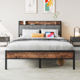 Full Size Bed Frame, Storage Headboard With Charging Station, Solid And Stable, Noise Free, No Box Spring Needed, Easy Assembly,Vintage Brown And