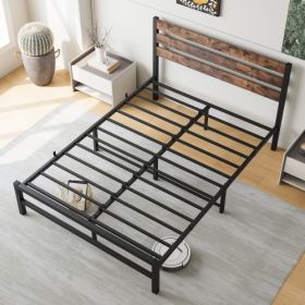 Full Size Platform Bed Frame With Rustic Vintage Wood Headboard, Strong Metal Slats Support Mattress Foundation, No Box Spring Needed Rustic Brow