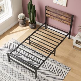 Twin Size Platform Bed Frame With Rustic Vintage Wood Headboard, Strong Metal Slats Support Mattress Foundation, No Box Spring Needed Rustic Brow