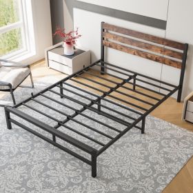 Queen Size Platform Bed Frame With Rustic Vintage Wood Headboard, Strong Metal Slats Support Mattress Foundation, No Box Spring Needed Rustic Bro