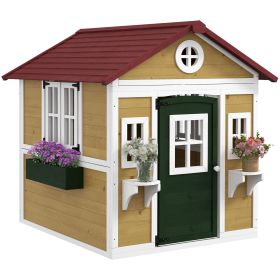 Outsunny Wooden Playhouse for Kids Outdoor, Doors, Windows, Planter Pots, Beige, Toddlers 3-8 Years
