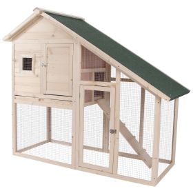 PawHut Wood Rabbit Hutch 2-Tier Small Animal House with Ramp & Run Natural 55" L
