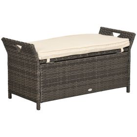 Outsunny Wicker Storage Bench Cream White Outdoor Patio PE Rattan Large Capacity