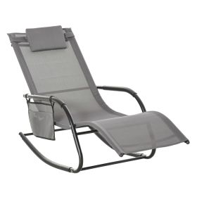 Outsunny Patio Rocking Chair Outdoor Sling Sun Lounger with Pocket Grey Recliner Rocker Lounge Chair Detachable Pillow