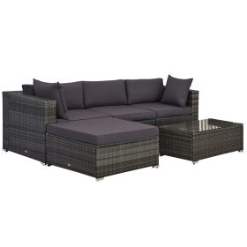 Outsunny 5-Piece Deluxe Outdoor Sectional Furniture, Patio Wicker Couch, Patio Rattan Furniture Set with Cushions, Pillows & Glass Coffee Table, Gray