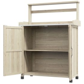 Outsunny Garden Potting Bench with Storage & Shelves, Natural Finish, Galvanized Tabletop, Rubber Foot Covers for Stability