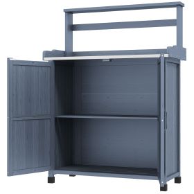 Outsunny Potting Bench Outdoor Wooden with Storage Cabinet Shelf Galvanized Tabletop Gray for Backyard