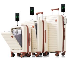 Luggage Set of 3, 20, 24, 28inch with USB Port, 20, 24inch with front opening design Airline Certified Carry on Luggage with Cup Holder