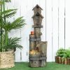 Outdoor Fountain with Birdhouse, Cascading Garden Waterfall Bird Bath with 3-Tier Rustic Tree Trunk / Log Design, LED Lights for Porch, Deck