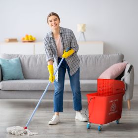 Mop Bucket with Wringer on Wheels 21 Quart Floor Cleaning Red Separate Dirty Clean Water System