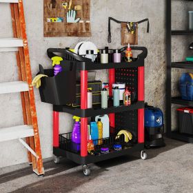 3-Tier Rolling Tool Cart, 200 LBS Capacity Plastic Utility Cart with Side Shelf and Storage Bucket, Black & Red