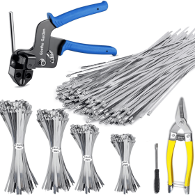 Stainless Steel Cable Tie Gun Set, with 150PCS Metal Zip Ties (Includ 6, 7.8, 9.8, 11.8 Inch), Adjustable Fastening Cutting Tie Tool Sets for Fencing