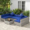 Outsunny 7-Piece Outdoor Rattan Sofa Set, Wicker Patio Furniture, with Glass Top Coffee Table, Pillows Included, Mixed Gray and Blue