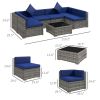 Outsunny 7-Piece Outdoor Rattan Sofa Set, Wicker Patio Furniture, with Glass Top Coffee Table, Pillows Included, Mixed Gray and Blue