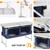Outdoor Folding Table with Faux White MDF Top Aluminum Frame Rectangular Design Blue Fabric Storage Cabinet Adjustable to 3 Heights Portable Camping T
