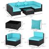 Outsunny 7-Piece Wicker Patio Conversation Set with Cushions & Glass Table, Turquoise