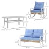 Outsunny 4-Piece Patio Set with Loveseat Sofa Rocking Chairs Coffee Table Cushions Light Blue for Backyard Lawn Pool