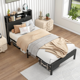 Twin Size Bed Frame With Storage Headboard, Metal Platform Bed With Charging Station, Bookcase Storage, No Box Spring Needed, Easy Assembly, Blac