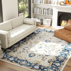 Machine Washable Area Rug 8x10, Non-Slip Boho Floral Print Floor Carpet For Living Room, Bedroom, Dining Room, Blue (Color: Blue)