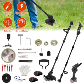3-in-1 Cordless Electric Pole Saw & Mini Chainsaw & Grass Trimmer Kit With Adjustable Length 2Pcs 21V 1500mAh Batteries 4in 6in Chains Saw Blade (Color: Black)