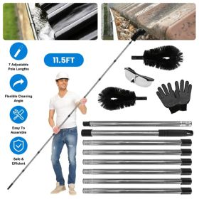 11.5FT Gutter Cleaning Brush With Telescoping Handle Rain Gutter Cleaner Extendable Gutter Cleaning Tool From The Ground With 2 Angled Brushes An (Option: Black Silver)