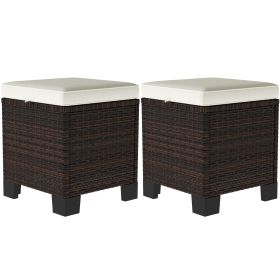 2 Piece Wicker Outdoor Ottomans With Cushions, Rattan Ottoman Footrest And Side Table For Patio, Yard, Poolside, Beige (Color: Beige)