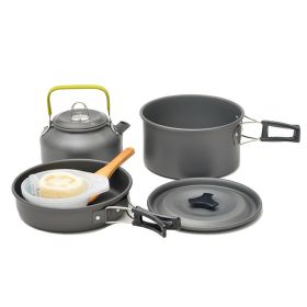 Outdoor portable 2-3 person camping stove cover pot picnic cooker non stick pot teapot combination set including tableware (Color: Black)