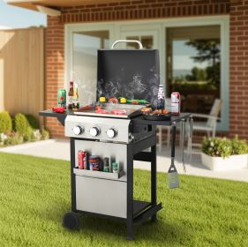 3-Burner Propane Gas BBQ Grill, SS Plancha, 36900BTU Output With Wire Enamel Cooking Grids For Outdoor Barbecue, Foldable Side Table, Hanging Basket (Color: as Pic)