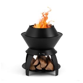 20 Inch Patio Fire Pit Metal Camping Fire Bowl with Pot Holder and Storage Shelf (Color: Black)