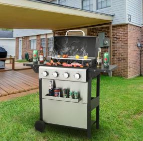 4-Burner Propane Gas BBQ Grill, 34200BTU Output With Wire Enamel Cooking Grids For Outdoor Barbecue, Foldable Side Table, Hanging Basket (Color: as Pic)