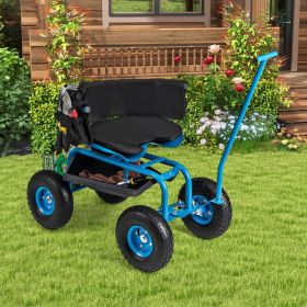 1PC Rolling Garden Cart with Height Adjustable Swivel Seat and Storage Basket (Color: Blue)