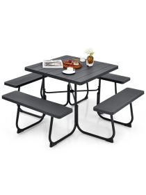 Outdoor Picnic Table with 4 Benches and Umbrella Hole (Color: Black)