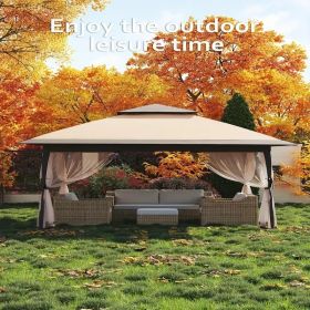 13x13FT Outdoor Pop Up Canopy Tent with Netting Adjustable Height Top Heavy Duty Steel Frame UV50 Plus Sun Protection Easy Setup Shelter for Camping B (Color: Khaki + Light Khaki)