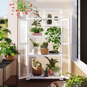 62 inch Height Wood Large Greenhouse Balcony Portable Cold Frame with Wheels and Adjustable Shelves for Outdoor Indoor Use (Color: White)