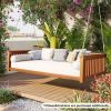 Patio Minimalist Twin Size Garden Swing Bed Wood Porch Swing with Ropes for Backyard, Safe Sloped Design