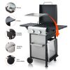 2-Burner Propane Gas BBQ Grill, SS Plancha, 24600BTU Output With Wire Enamel Cooking Grids For Outdoor Barbecue, Foldable Side Table, Hanging Basket