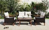 GO 4-Piece Garden Furniture, Patio Seating Set, PE Rattan Outdoor Sofa Set, Wood Table and Legs, Brown and Beige