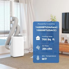 14000 BTU Portable Air Conditioner, Inverter & Dual Hose AC Unit W Cool, Dehumidifier, Fan, For 700 Sq. Ft, Window Kit (Color: White)